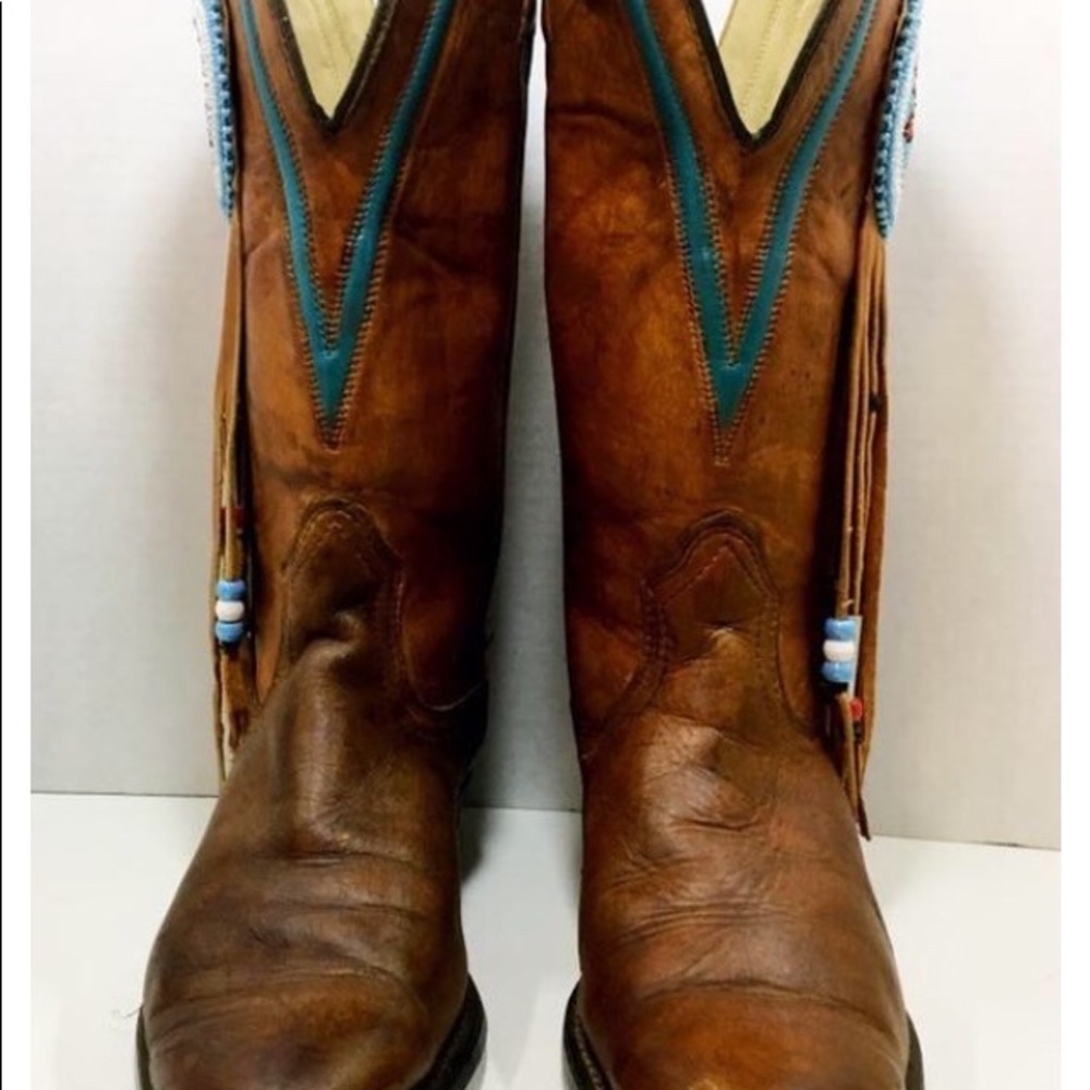 Tan Texas Cowgirl Boots with beads and fringe - Picture 4 of 6